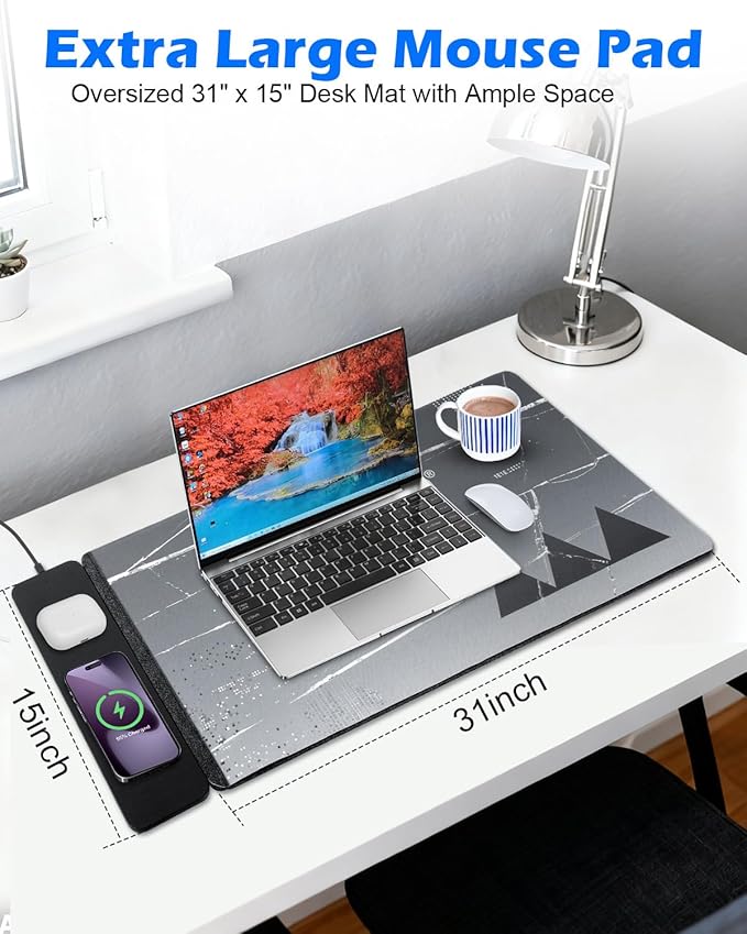 15W Wireless Charging Mousepad Waterproof Non-Slip Large Mouse Pad(68x37cm) for Office/Home/GamingCompatible with iPhone/Android/Headphones Easy to Clean Desk Mat