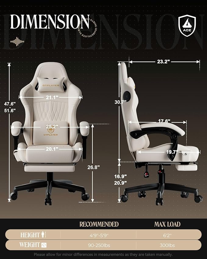 GTPLAYER Gaming Chair with Speakers Video Game Chairs with Footrest PC Gamer Chairs for Adults - Padded High Back Ergonomic Reclining Silla Gamer Linkage Armrest Ace Pro Ivory