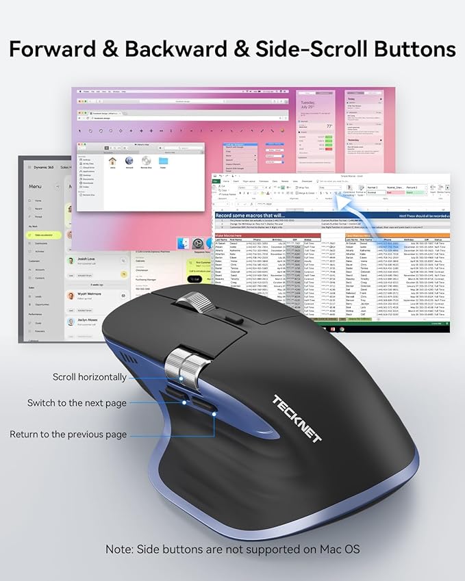 TECKNET Wireless Mouse Bluetooth Mouse (BT5.3/5.0 &amp 2.4G) Rechargeable Ergonomic Optical Mouse with 6 Adjustable DPI Side Scroll USB A Receiver 7 Buttons Wide Compatibility - Black &amp Blue