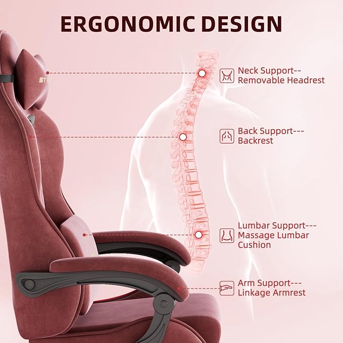 Ferghana Velvet Fabric Gaming Chair Ergonomic Gamer Chair for Adult Comfortable Video Game Chair with Footrest and Massage Lumbar Cushion Racing Reclining Office Home Computer Desk Chair Red