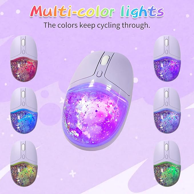 Wireless Bluetooth Mouse -Cute Clear Aqua Design Glitter Liquid Sand Water Mouse with Optical Precision Silent Clicks LED Breathing LightTransparent Retro Style for Home Office (Purple)