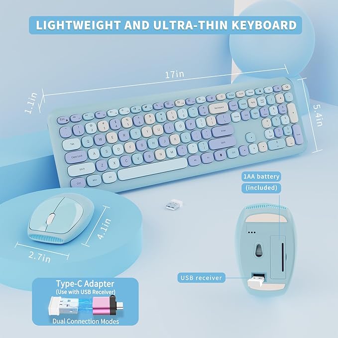 Wireless Keyboard and Mouse Combo Colorful Ergonomic Full Size Retro Low-Noise Keyboard with Cute keycaps Compatible with Windows PC Perfer for Home and Office Keyboards (Blue)