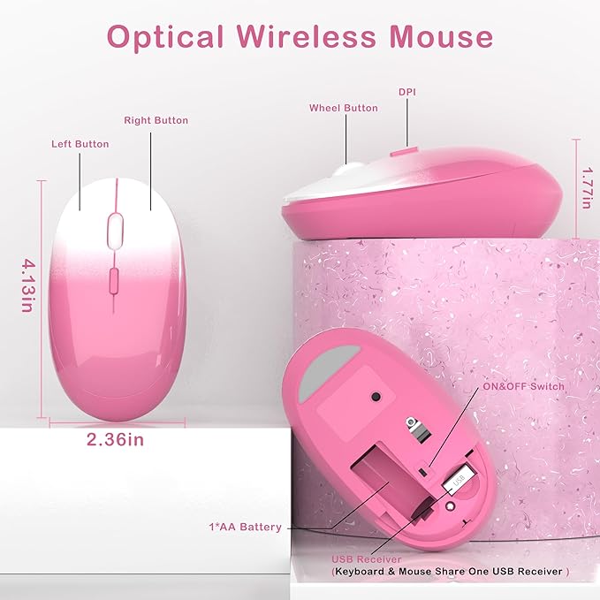 Colorful Wireless Keyboard and Mouse Combo COVEVA 2.4GHz Wireless Retro Cute Round Keycaps Keyboard 104 Keys Full-Sized Keyboard Mouse Set with Switch Button for PC Laptop Desktop (Pink Gradient)