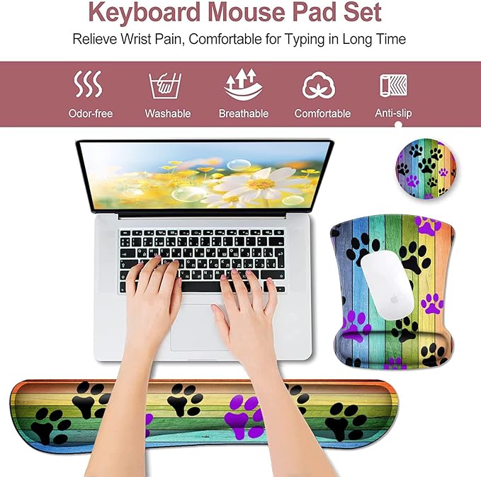 Mouse Pad with Wrist Support Memory Foam Keyboard Wrist Rest Rustic Rainbow Woodgrain Black and Purple Dog Paw Personality Desings Gaming Mousepad Office Easy Typing Games to Relieve Fatigue Non-Slip