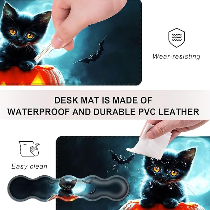 Mouse PadLarge Desk Mat Set 4in1 XL Mousepad + Keyboard Wrist Rest+Mouse Wrist Rest+Coaster with Ergonomic Desk Pad for Home Office Table Computer Cover -Halloween Kitten and Bats