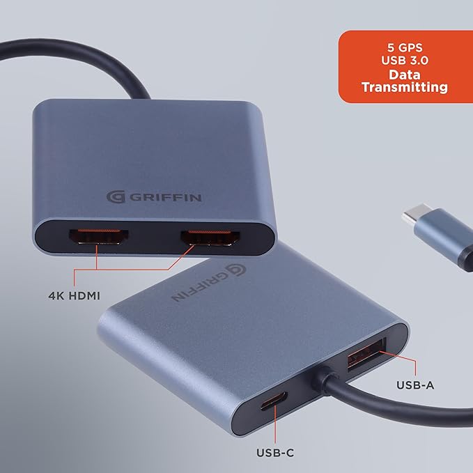 Griffin - 4-in-1 Hub USB C Hub Multiport Adapter with USB 3.0 Dual 4K HDMI Adapter for Laptop MacBook and More 100W Power Delivery