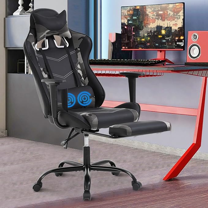 Gaming Chair with Lumbar Support Headrest and Footrest Ergonomic Massage Gaming Office Chair Computer Desk Chair PU Leather Gamer Chair Adjustable Height Video Gaming Chair for Adults Kids Men Camo