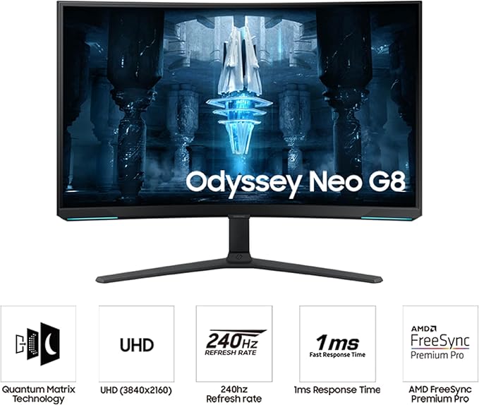 Samsung 32 Odyssey Neo G8 (G85NB) 4K UHD 240Hz 1ms G-Sync 1000R Curved Gaming Monitor Quantum HDR2000 AMD FreeSync Premium Pro Matte Display DisplayPort Black &amp White LS32BG852NNXGO