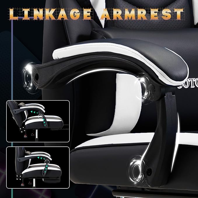 ECOTOUGE Gaming Chair with Footrest Big and Tall Silla Gamer with Massage Lumbar Support Ergonomic Gamer Chair with Reclining High Back 360° Swivel Gaming Computer Chair White