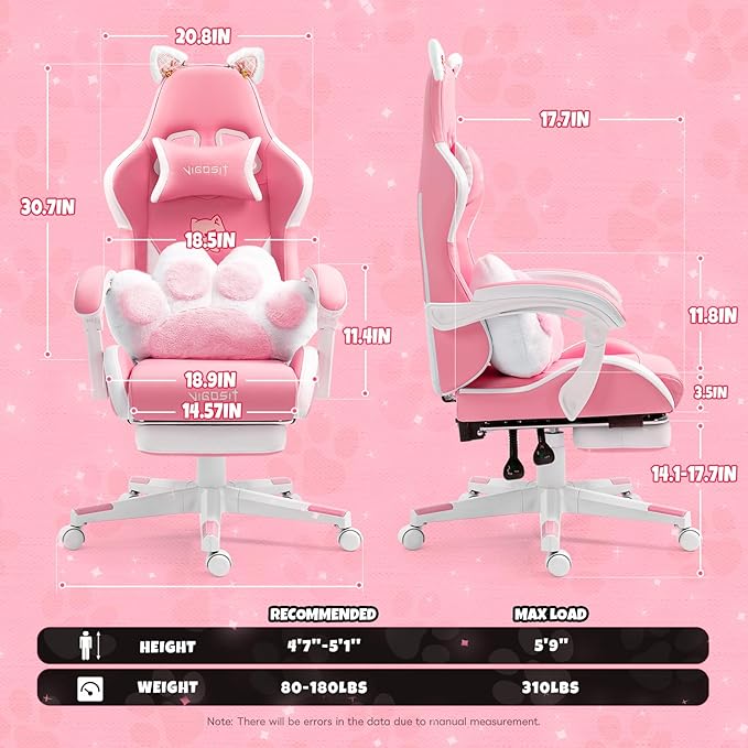 Gaming Chair Cute with Cat Ears Paw Lumbar and CushionErgonomic Computer Chair with FootrestReclining PC Game Chair for Girl Computer Chair 300lbs for Adult (White&ampPink)