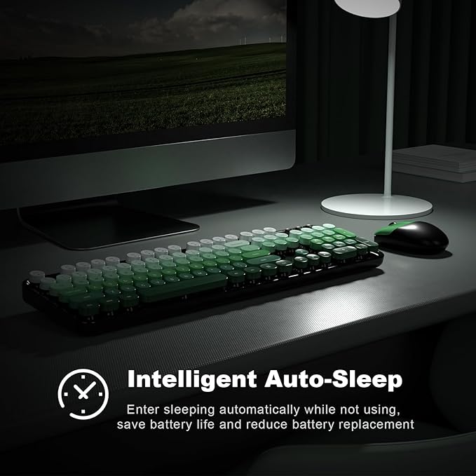 Wireless Keyboard and Mouse Combo MOWUX Full Size Typewriter Retro Round Computer Keyboard Cute Optical Mouse Wireless Plug and Play for Laptop PC Computer-Green Gradient Colorful