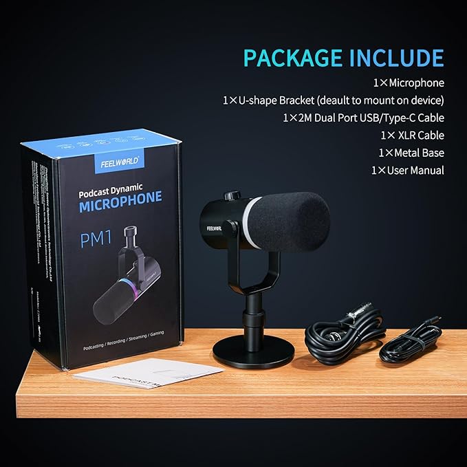 FEELWORLD PM1 XLR USB Dynamic Microphone with Desktop Stand Gifts for Podcast Recording PC Computer Gaming Live Streaming Vocal Voice-Over Studio Metal Mic RGB Light Mute Button Headphones Jack