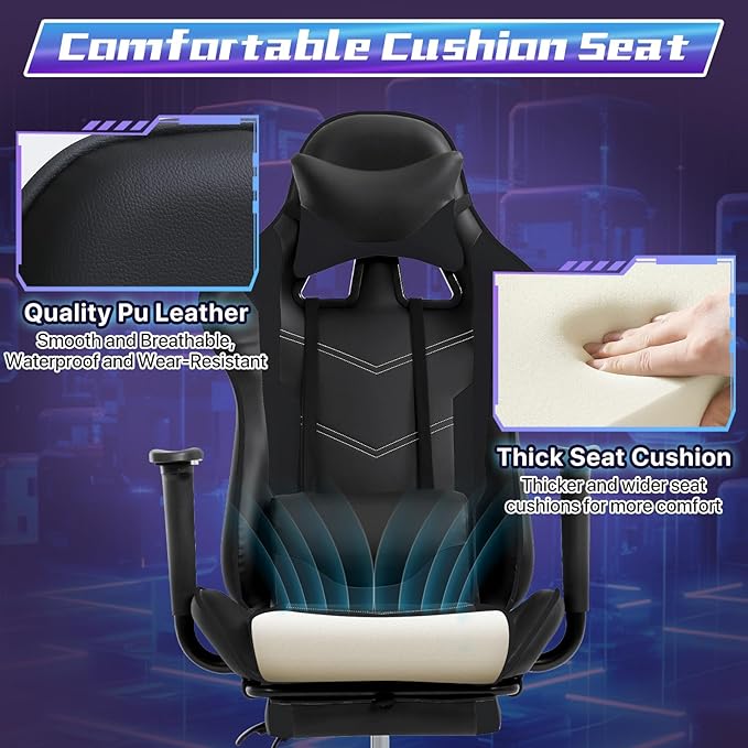 Gaming Chair for Adults - 250lbs Capacity Video Game Chair with Footrest &amp Lumbar Support Ergonomic 360° Swivel Height Adjustable Office Gamer Chair Heavy-Duty PU Leather (Black)