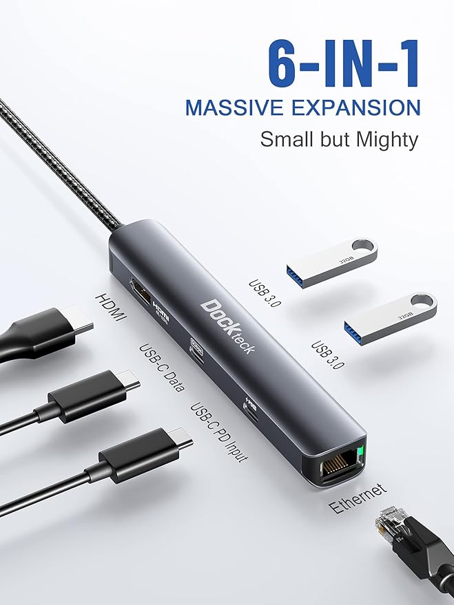 USB C Hub Ethernet6 in 1 Laptop Docking Station Dockteck USB C Multiport Adapter with 4K@60Hz HDMI 100W PD 1Gbps LAN 2 USB 3.0 for MacBook Pro/Air Surface Pro XPS and More (Pack of 2)
