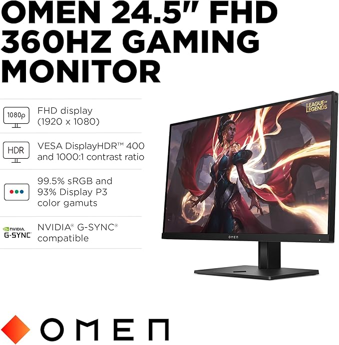 HP OMEN 24.5 inch FHD 360Hz Gaming Monitor FHD Display (1920 x 1080) IPS Panel Technology VESA DisplayHDR 400 1ms GtG (with Overdrive) NVIDIA G-SYNC Compatible Black OMEN 25 (2025)