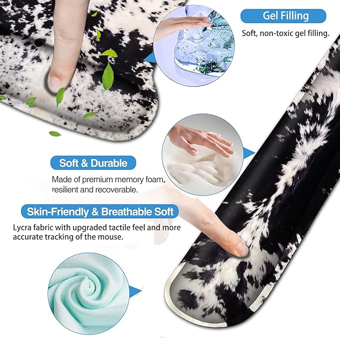 Ergonomic Mouse Pad Wrist Support and Memory Foam Keyboard Wrist Rest SetGel Mouse Mat with Non-Slip PU BaseKeyboard Palm Rest for Home Office Wireless Gaming Mouse Pad Black White Cowhide Fur