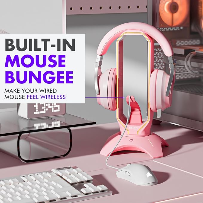 Tilted Nation Cute Headphone Stand Pink | Headset Stand with RGB Mouse Bungee Holder and 2 Port USB Hub Charger - Desk Gaming Accessories