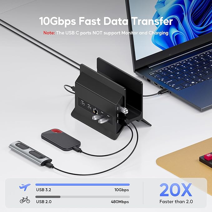USB C Laptop Docking Station Dual Monitor 11 in 1 Vertical Dock with 2 HDMI 4K 3 USB A/C 10Gbps 2USB-A 5Gbps USB A 2.0 Ethernet Docking Station Stand for Type-C Laptops - Black