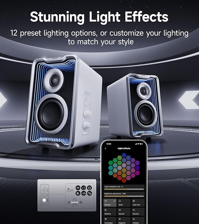 Edifier QR30 2.0 Desktop Active Speaker Compact Bluetooth V5.4 Computer Speakers Wireless Bookshelf Speaker 30W (RMS) 3.5mm AUX &amp USB-A Wired Input Dynamic Light Effects App Control White