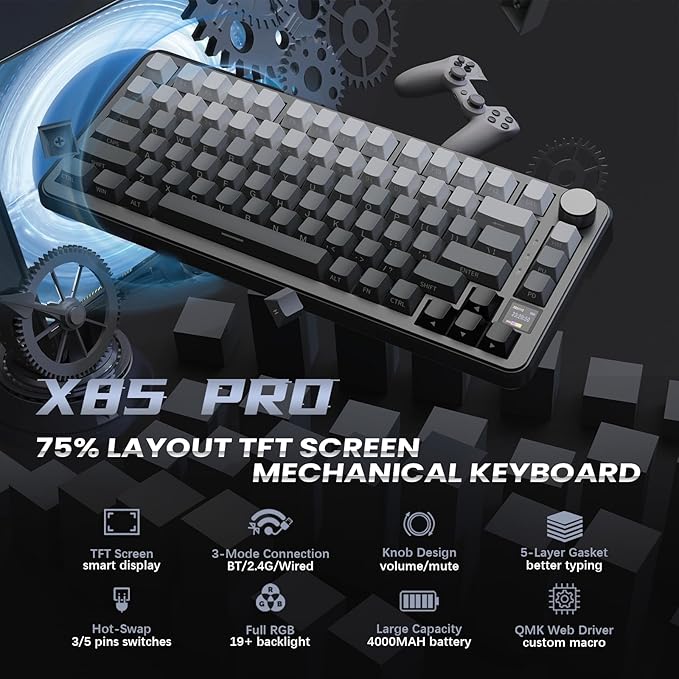 ATTACK SHARK X85 Pro Wireless Mechanical Gaming Keyboard with TFT Screen &amp Knob Hot-Swappable BT5.1/2.4Ghz/USB-C RGB Backlit Gasket Mount Gradient Side-Print PBT Keycaps for Win/PC/MAC-Moon Night
