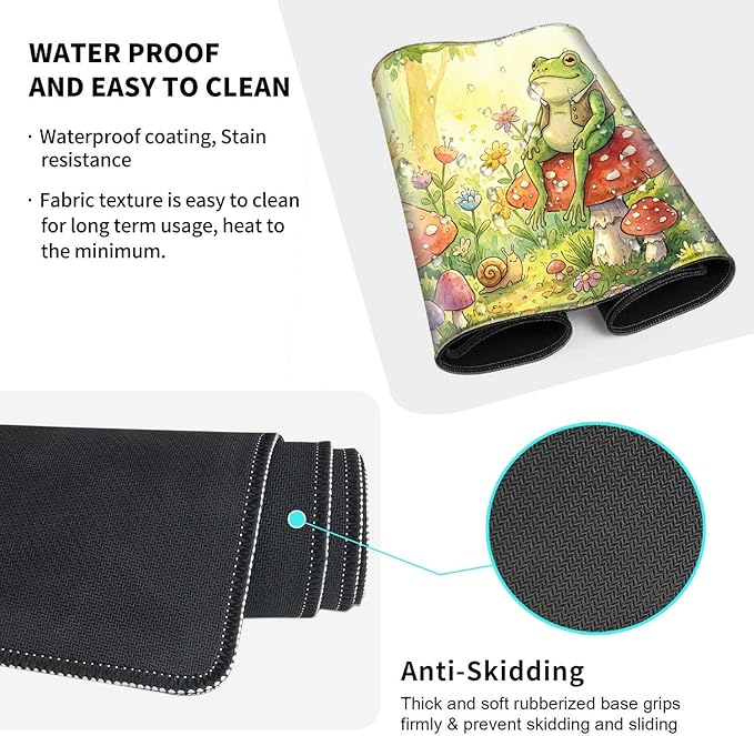 Large Gaming Mouse Pad + Memory Foam Ergonomic Keyboard Wrist Rest Support + Wrist Rest + Coaster Green Desk Decor Mat Stitched Edge Non Slip Desk Mat 4PC for Office &amp Home Cute Frog Kawaii