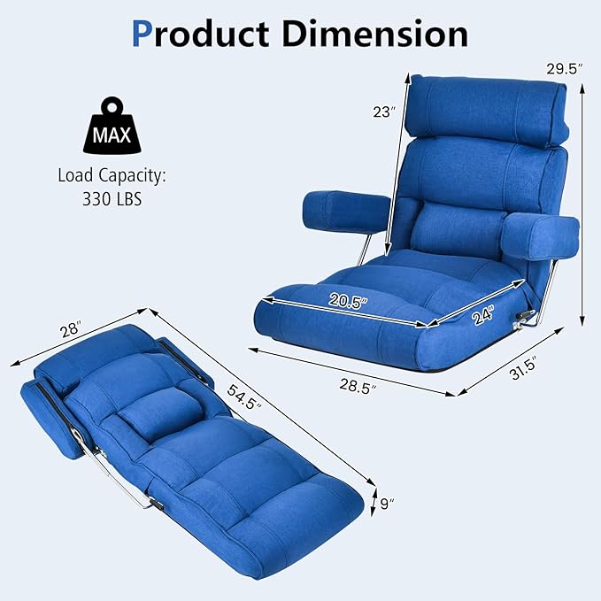Giantex Adjustable Folding Sofa Chair - Lazy Floor Chair with Infinitely Adjustable Backrest Extendable Armrest &amp Seat Couch Recliner for Meditation Reading Gaming Floor Chairs for Adults (Blu