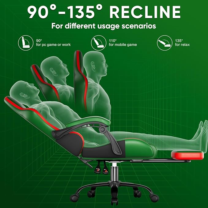 Gaming Chair Lumbar Support Massage Computer Chair High Back Gamer Chair with Footrest and Headrest Lumbar Pillow Recline Wide Seat Gaming Chairs for Christmas/Birthday Gifts Green