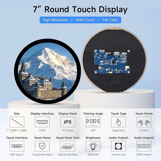 waveshare 7inch HDMI Round Capacitive Touch Display 1080 × 1080 Resolution IPS Display Panel 10-Point Touch Optical Bonding Toughened Glass Panel