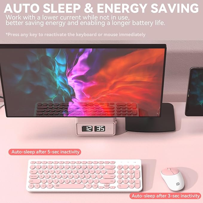 FD iK6630 Wireless Keyboard and Mouse Combo - 2.4GHz USB Cordless Cute Round Keys Quiet and Slim Set for Laptop Computer TV and Mac - Salmon Pink &amp White