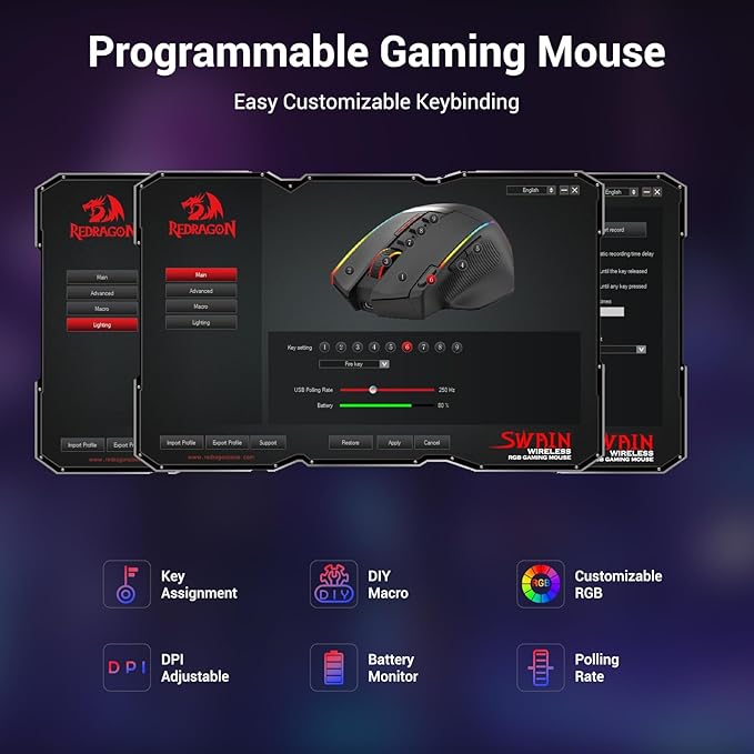Redragon Wireless Gaming Mouse Ergonomic Mouse 16000 DPI with Rapid Fire Key 9 Macro Buttons 170-Hour Durable Power Capacity and RGB Backlight Wired/Wireless Mouse for Laptop/Mac/PC