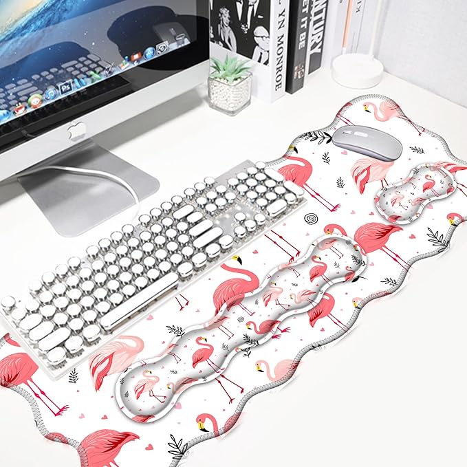4 in 1 Desk Mat SetMouse Pad with Keyboard Wrist RestWave-Shaped DesignNon-Slip Rubber BaseWaterprooffor HomeOfficeGamingCute Flamingo