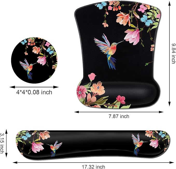 Ergonomic Mouse Pad with Gel Wrist Rest Support Gaming Mouse Pad with Cloth Non-Slip PU Base for Computer Home Office Memory Foam Keyboard Wrist Rest Support Hummingbird Watercolor Flower