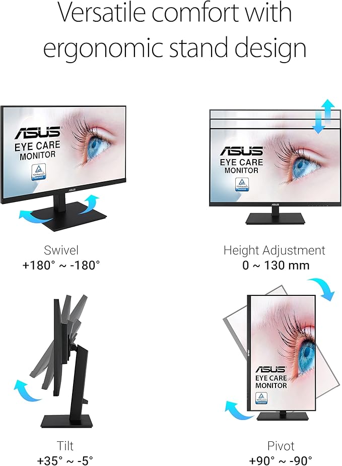 ASUS 24”1080P Monitor(VA24DQSB)-Full HDIPS75HzSpeakers Adaptive-Sync Low Blue Light Flicker Free VESA Mountable Frameless HDMI DisplayPort VGA USB hub Height Adjustable Black12.8x21.3x2.1