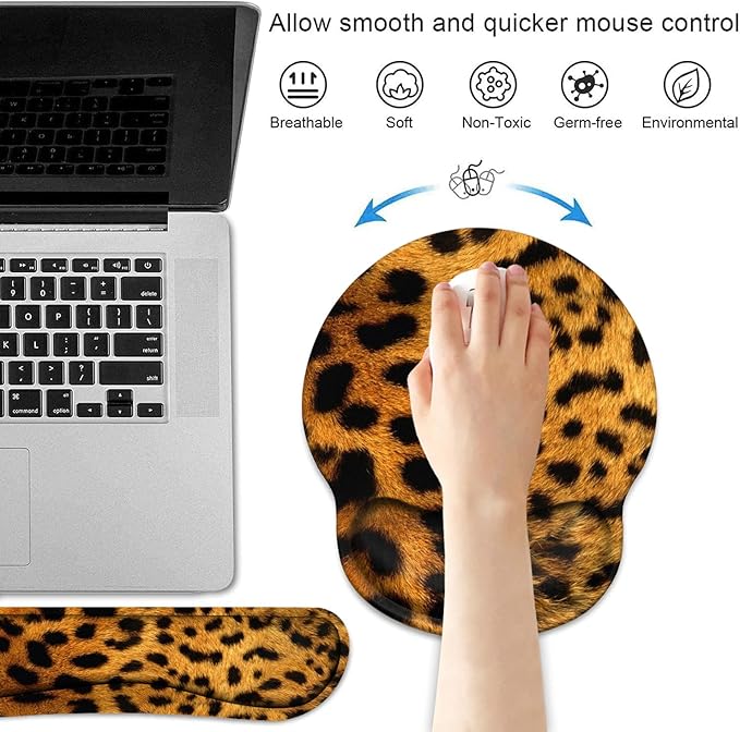 Keyboard Wrist Rest and Mouse Wrist Rest Pad Set with Coasters Ergonomic Support Non-Slip PU Base Easy Typing and Relieve Wrist Pain Perfect for Home Office Working Studying Leopard Print