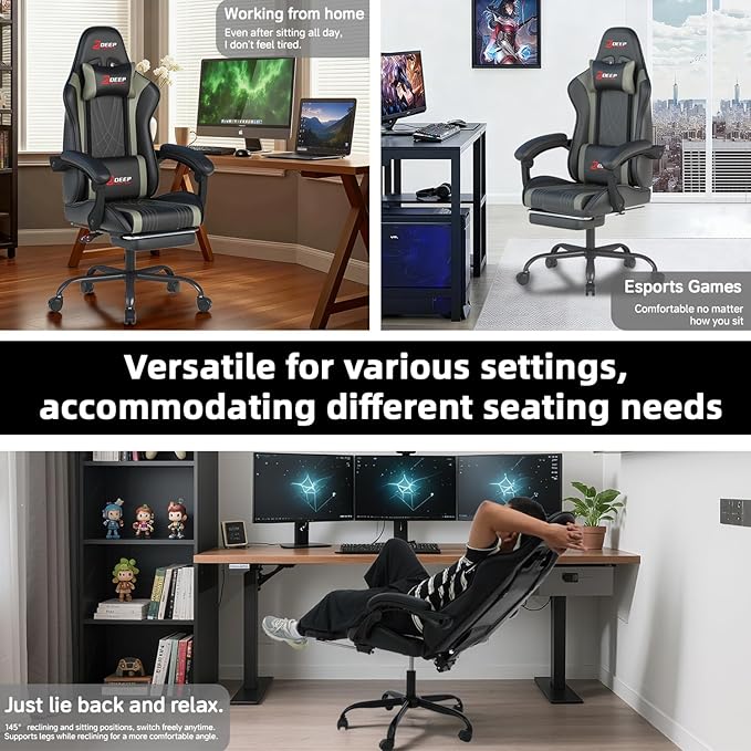 Ergonomic Gaming Chair with Footrest and Lumbar Massage Racing Office Chair High Back Computer Desk Chair with Headrest Pillow for Adults Video Game Chair for PC Gamer (1001-Gray)
