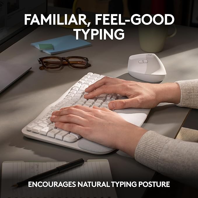 Logitech Wave Keys Wireless Ergonomic Keyboard with Cushioned Palm Rest Comfortable Natural Typing Easy-Switch Bluetooth Logi Bolt Receiver for Multi-OS Windows/Mac - Off White