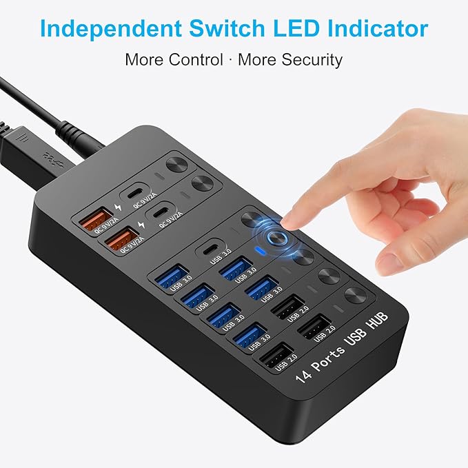 14-in-1 Powered USB Hub with 60W PD Charging 6 USB 3.0 Ports 4 Fast-Charging Ports 1 USB-C 3.0 Data Port &amp LED Switches for Laptop Phone Tablet