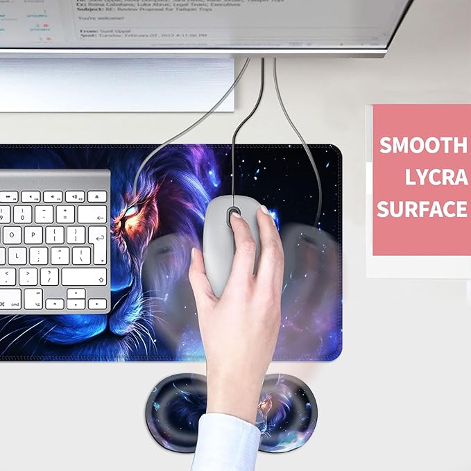 Mouse PadLarge Desk Mat Set 4in1 XL Mousepad + Keyboard Wrist Rest+Mouse Wrist Rest+Coaster with Ergonomic Desk Pad for Home Office Table Computer Cover -Galaxy Lion with Glowing Eyes