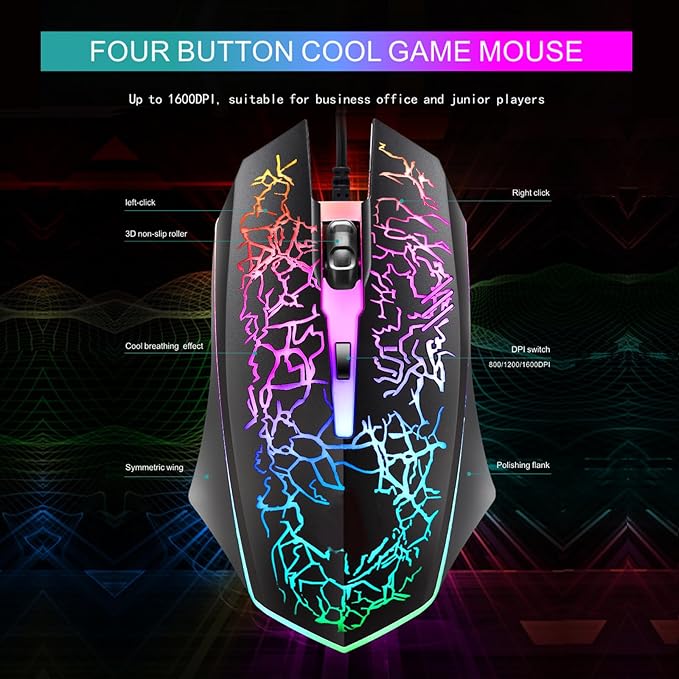 Wired Crack Rainbow Gaming Keyboard and Mouse Combo 104 Keys Light Up Mechanical Feeling Computer Keyboard Wired Gaming Keyboard and Mouse for PC MAC Xbox Gamer(Black)
