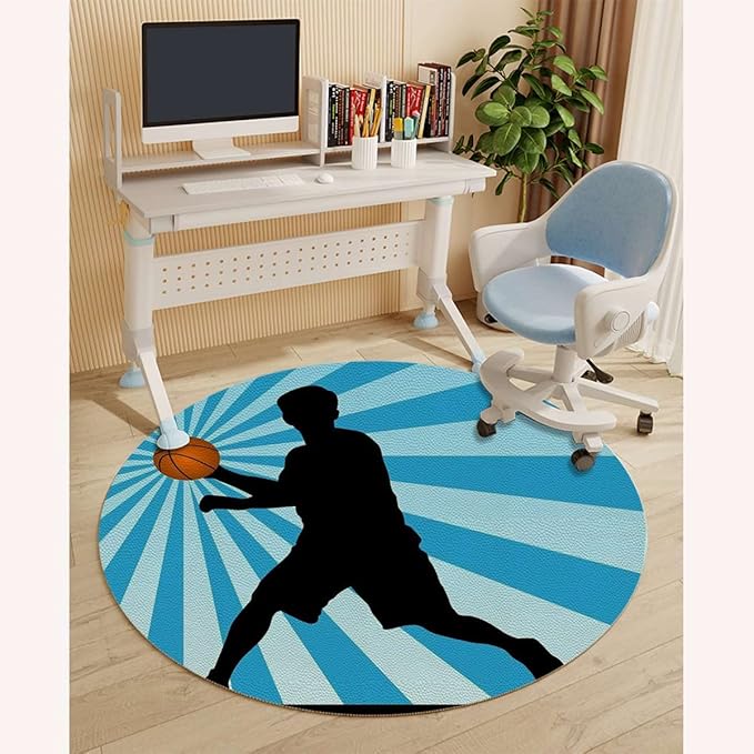 Black Blue PU Leather Round mat Office Chair Mat Hardwood Floor mat Basketball Player Silhouette Round Chair Cushion for Office and Home Decoration Chair Cushion Doodle Style Art Diameter 47.2 in