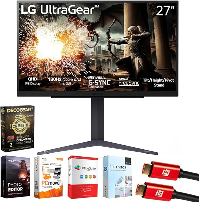 LG 27GS75QX-B 27 Ultragear QHD 1440P 180Hz 1ms G-Sync Compatible IPS Gaming Monitor Bundle with Elite Suite 18 2X HDMI Cable and Deco Gear CPS Exclusive 26 Month Protection Pack (BEACH-CPS-26M500)