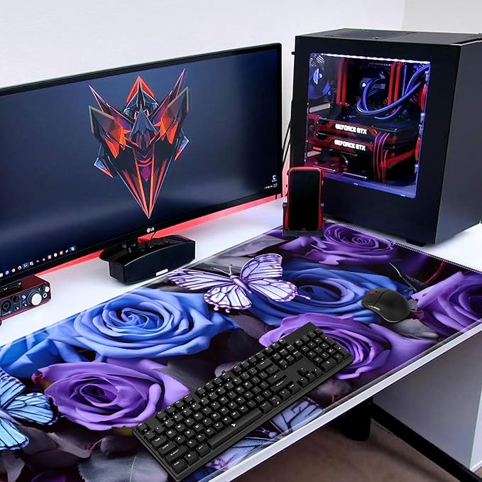 Mouse Pad Set Large Gaming Mouse Pad (31.5X 11.8 inches)+ Wrist Rest Pad + Coaster Ergonomic Wrist pad Home Office Desk Accessories Decor Supplies Purple Roses and Blue Butterflies