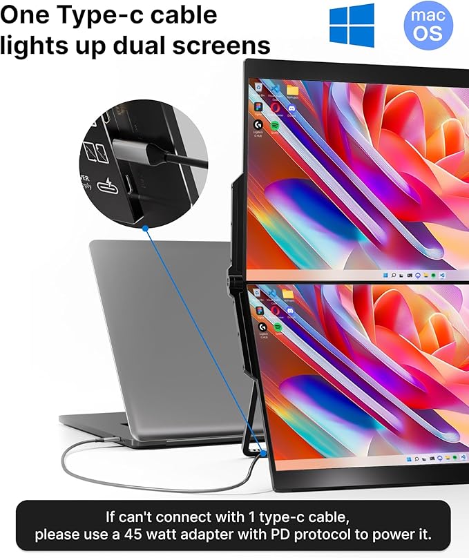 Ingnok Dual Portable Monitor15.6inch FHD 1080P Screen with USB-C mini HDMI Foldable Screen DesignPortable Dual Monitor Compatible with Windows/Mac Easy Setup for Work
