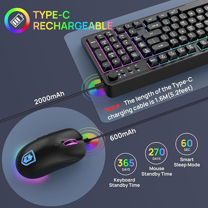 KOLMAX BT98 Wireless Keyboard and Mouse ComboTriple Mode 2.4G/Wired/Bluetooth Gaming Keyboard and MouseRechargeable Ergonomic RGB Backlit Light Up Keyboard Mouse with Knob for PC/Mac/Tablet