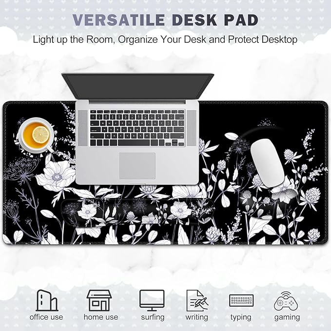 Gaming Mouse Pad Large Desk Mat Cute Desk Pad Protector 4in1 XXL Mousepad + Keyboard Wrist Rest+Mouse Wrist Rest+Coaster Set with Ergonomic Desk Pad for Home Office PC Computer Black White Flowers