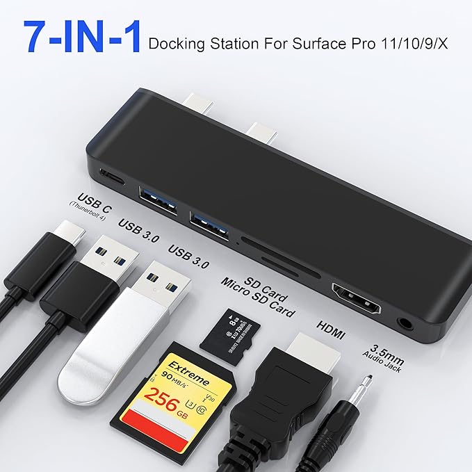 Surface Pro 11/10/9 Accessories Docking Station &amp Adapter - 7-in-1 USB-C Hub for Dual Monitor with 4K HDMI USB C Thunderbolt 4 (8K@30Hz/40Gbps/100W PD) 2 USB 3.0 SD/TF Card Reader &amp 3.5mm