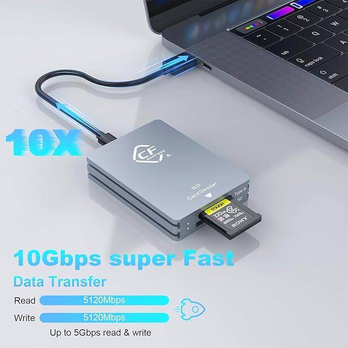 CFexpress Type A and SD Dual-Slot Memory Card Reader 10Gbps USB 3.2 Gen 2 Type A CFexpress Adapter Memory Card Reader with USB C to USB C/USB A CableCompatible with Windows/Mac/Linux/Android