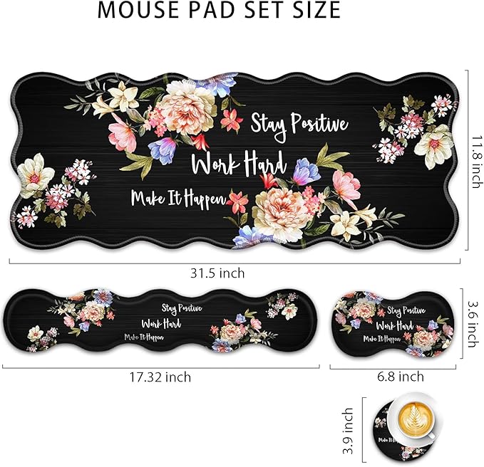 4 in 1 Desk Mat SetMouse Pad with Keyboard Wrist RestWave-Shaped DesignNon-Slip Rubber BaseWaterprooffor HomeOfficeInspirational Quotes