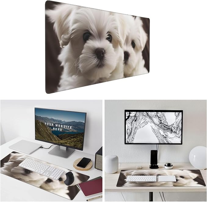 Gaming Mouse Pad Extended Full Keyboard Mat with Stitched Edges Anime Large Desk Pad with Non-Slip Base Cute Maltese Puppy Mouse Mat for Gaming and Office 16 x 35.5 inches Mousepad