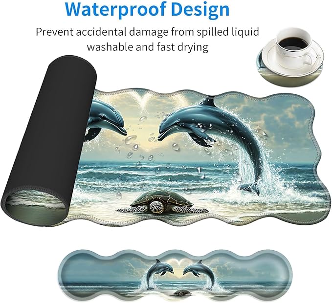Large Mouse Pad and Keyboard Wrist Rest Desk Pad for Keyboard and Mouse 4-in-1 Large Gaming Mouse Pad with Wrist Support Desk Mat for Home Office Study Game-Dolphins and Sea Turtle